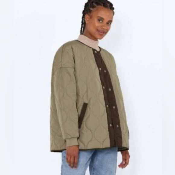 Noisy May Quilted Oversize Jacket Size M Color Olive/Brown - Picture 3 of 4